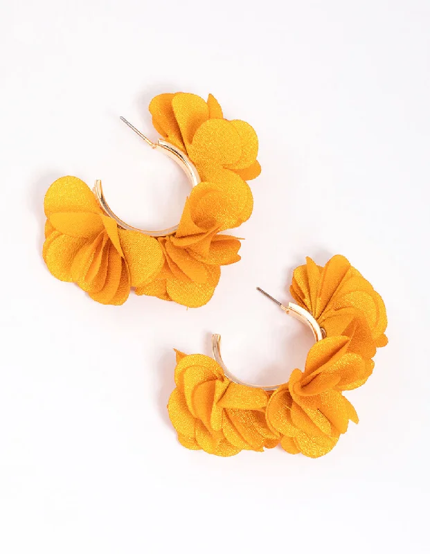 Pearl Dangle Earrings-Gold & Yellow Fabric Flower Hoop Earrings