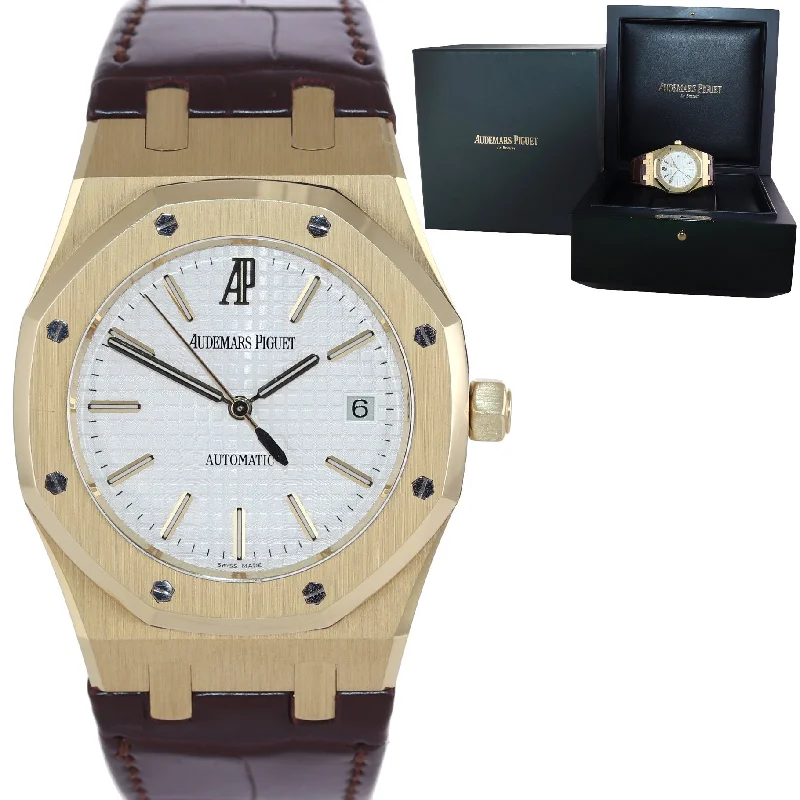 Smartwatch for IOS and Android-Audemars Piguet AP Royal Oak 18K Rose Gold 15300 39mm White Leather Watch