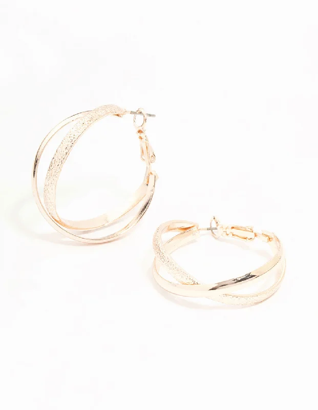 Custom Engraved Earrings-Rose Gold Mixed Textured Crossover Hoop Earrings