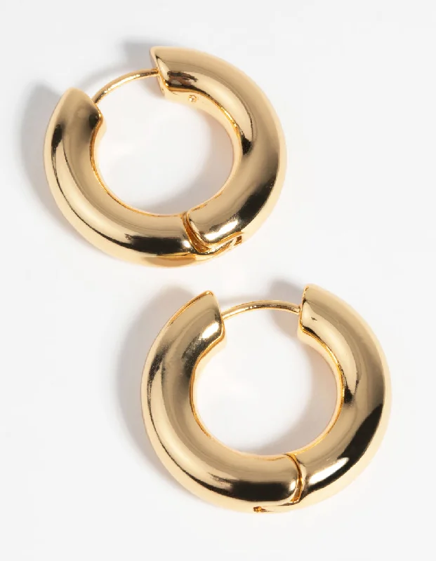 Elegant Gemstone Earrings-Gold Plated Round Huggie Hoop Earrings