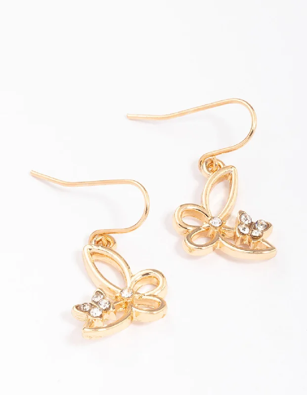 Pearl Ear Jackets-Gold Diamante Cut Butterfly Drop Earrings