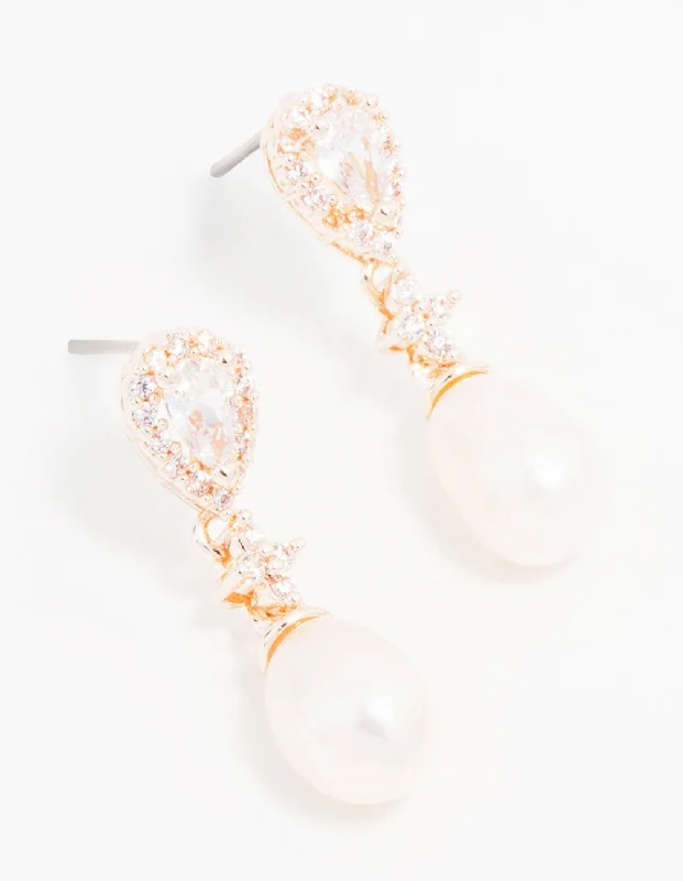 Fashionable Dangle Earrings-Rose Gold Plated Cubic Zirconia Halo Pearl Drop Earrings