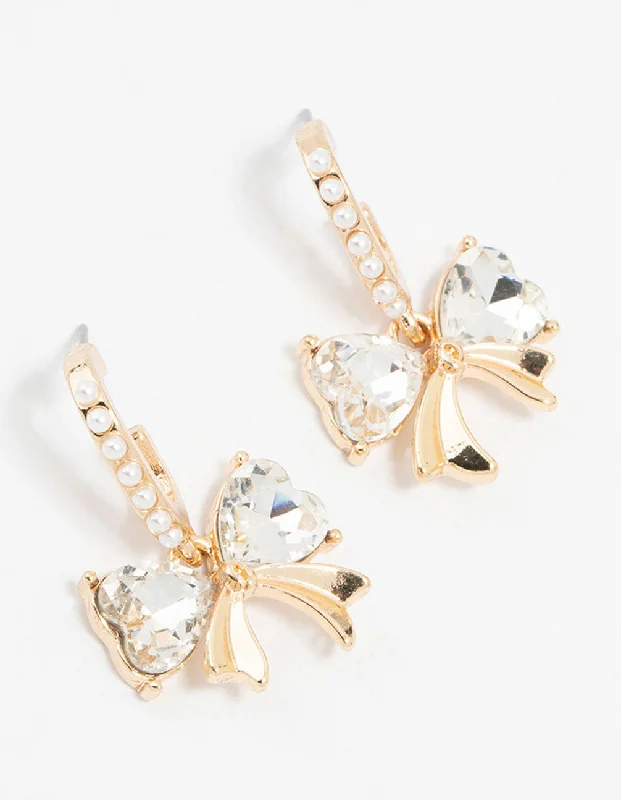 Heart-Shaped Stud Earrings-Gold Pearl Diamante Bow Hoop Earrings