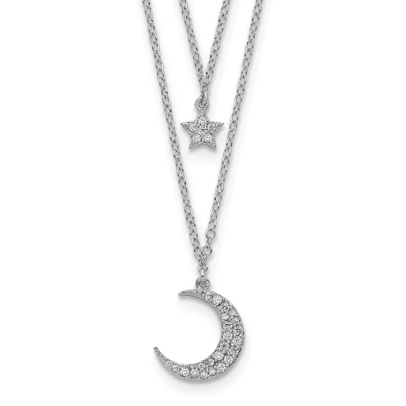 Long Crystal Necklace-Sterling Silver Cubic Zirconia 18-inch 2-Layer Star & Moon Necklace