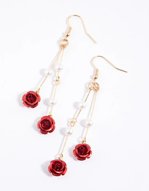 Small Drop Earrings-Red Stick Pearl & Rose Drop Earrings