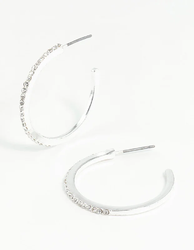 Elegant Gemstone Earrings-Silver Thin Diamante Hoop Earrings