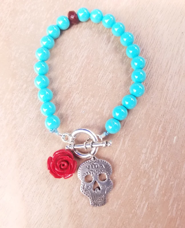 Colorful Gemstone Beaded Bracelet-Sugar Skull Turquoise Bracelet