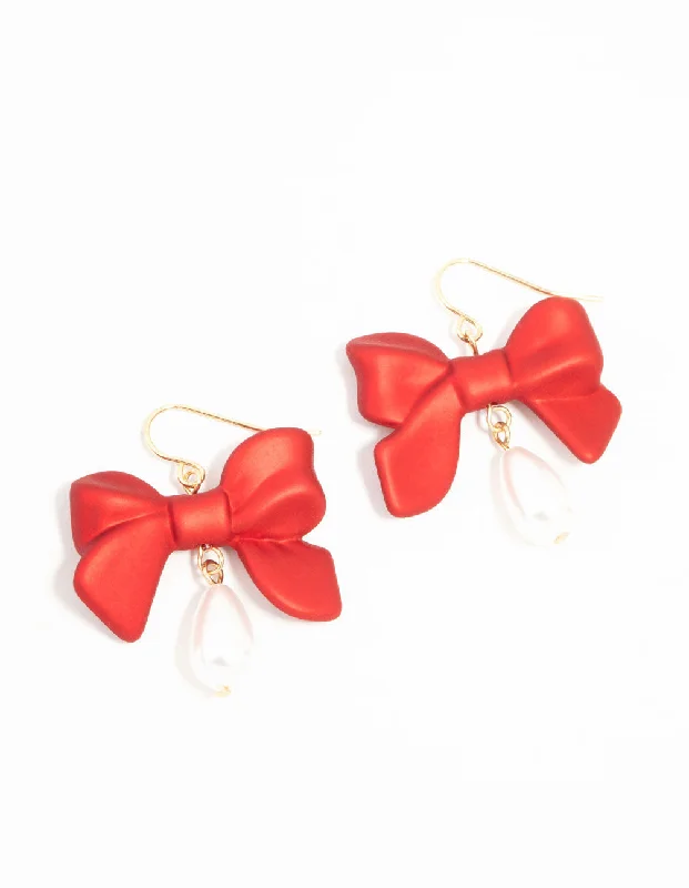 Luxury Silver Earrings-Red Pearlised Bow & Pearl Gold Drop Earrings