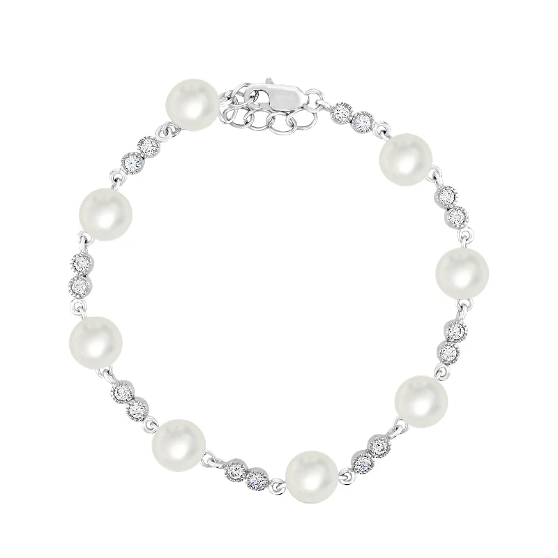 Luxury Bead Bracelet-Sterling Silver Freshwater Pearl and Cubic Zirconia Bracelet