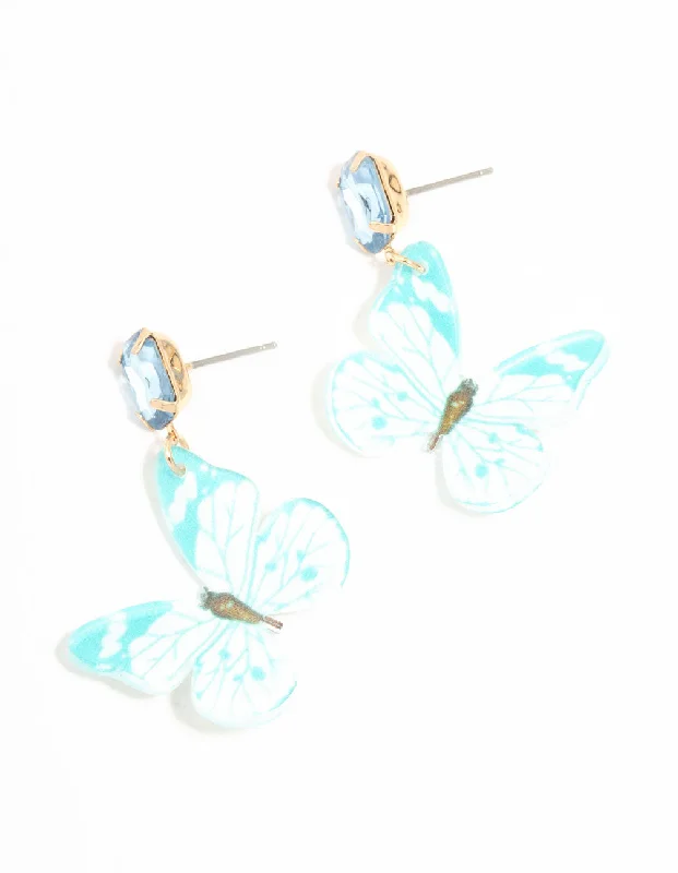 Wedding Earrings-Blue Acrylic Butterfly Drop Earrings