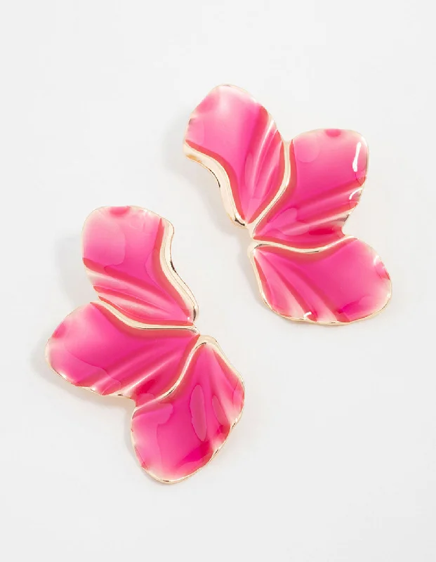 Fashion Drop Earrings-Gold Pink Petal Stud Earrings