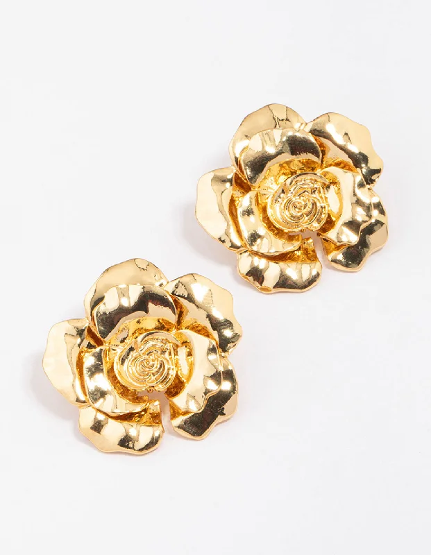 Fashion Hoop Earrings-Gold Plated Rose Large Stud Earrings