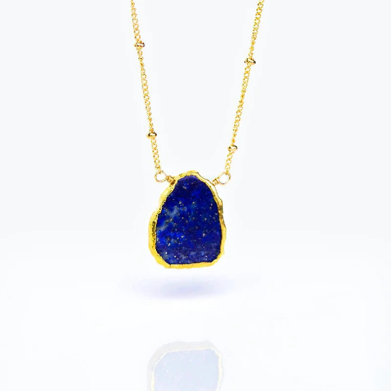 Adjustable Gemstone Necklace-Natural Lapis Lazuli Slice Necklace with Organic Profile