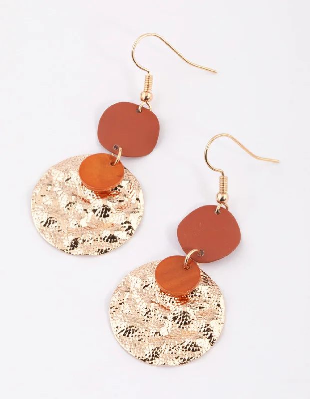 Stud Earrings for Teens-Brown Mixed Wrap & Hammered Disc Drop Earrings