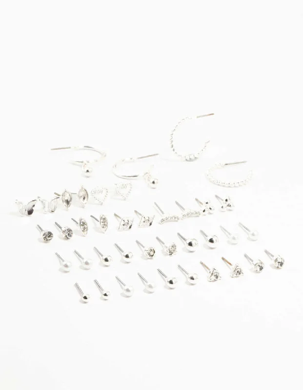 Flower Earrings-Silver Multiple Stud & Hoop Earrings 20-Pack