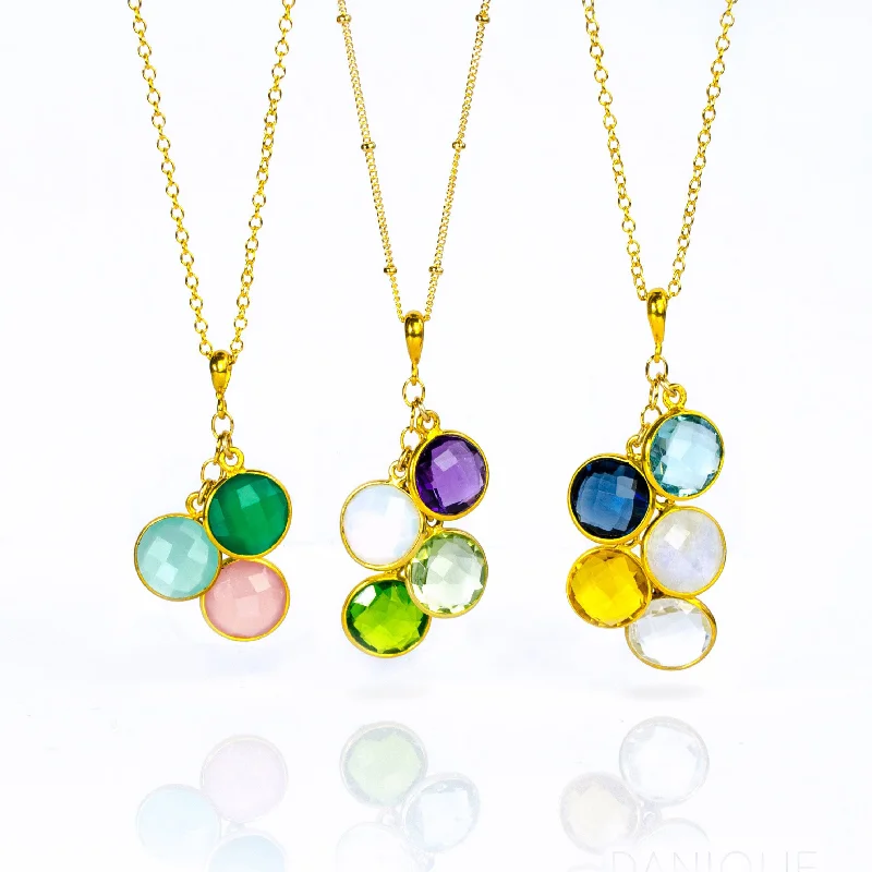 Gold Chain with Pendant-Cascading Birthstone Pendant Necklace with Round Gemstones