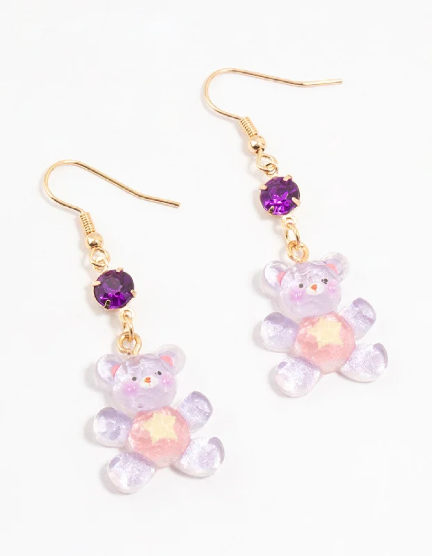 Luxury Chandelier Earrings-Purple Acrylic Diamante Glitter Teddy Bear Drop Earrings