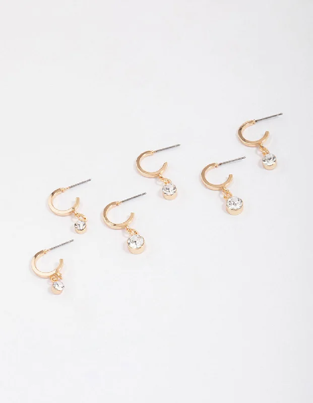 Unique Pearl Drop Earrings-Gold Graduating Diamante Drop Huggie Earring 3-Pack