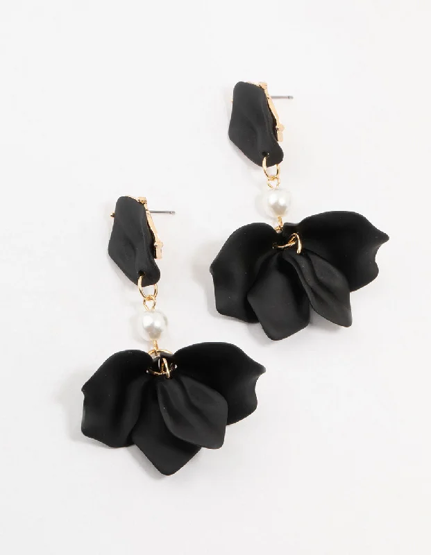 Cool Cuff Earrings-Black Coated Pearl Floral Drop Earrings