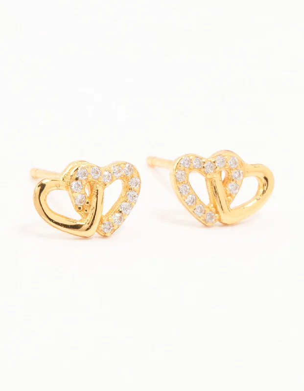 Dainty Gold Earrings-Gold Plated Sterling Silver Heart Cubic Zirconia Stud Earrings