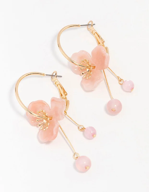 Customizable Earrings-Gold Peach Acrylic Flower Beaded Hoop Earrings