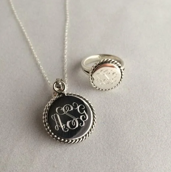 Sterling Silver Heart Necklace-Nautical Monogram Jewelry Gift Set Ring and Necklace Set