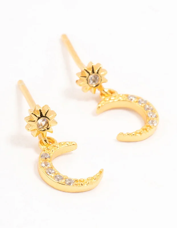 Simple Crystal Earrings-Gold Plated Sterling  Silver Celestial Cubic Zirconia Drop Earrings