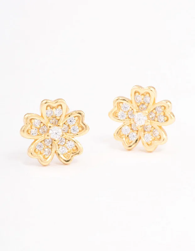 Multi-Colored Drop Earrings-Gold Plated Sterling Silver Cubic Zirconia Flower Stud Earrings