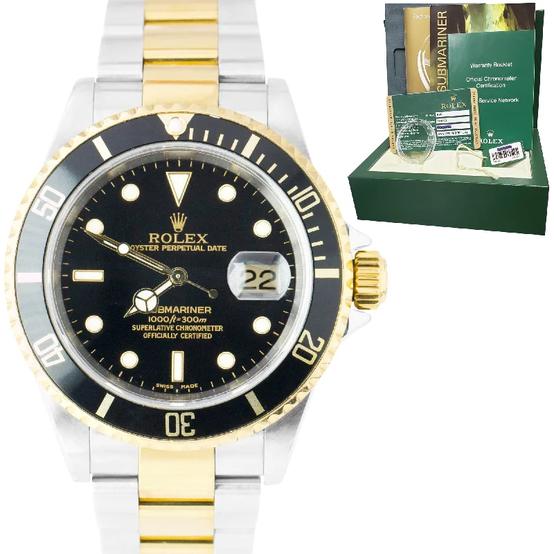 Luxury Sports Watch for Women-2008 Rolex Submariner Two-Tone Gold NO-HOLES CASE Black Stainless 40mm 16613 B+P