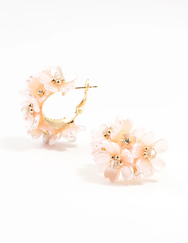 Textured Gold Earrings-Gold Plated Flower Cluster Hoop Earrings