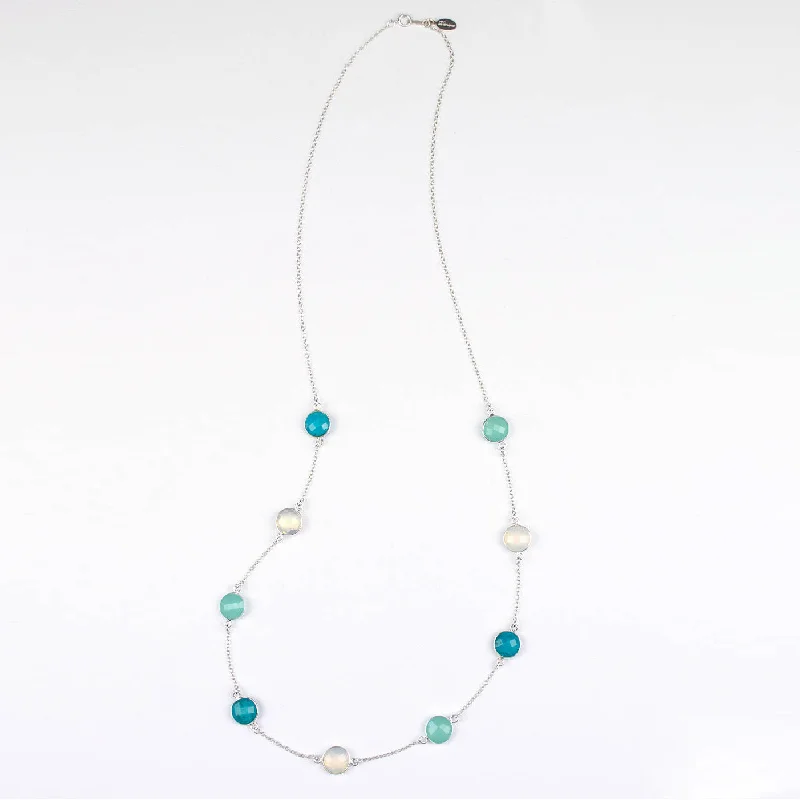 Romantic Pendant Necklace-Long Opalite, Aqua Chalcedony, Turquoise bezel station necklace