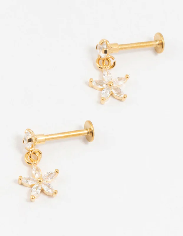 Adjustable Drop Earrings-Gold Plated Surgical Steel Flower Drop Flat Backs 2-Pack