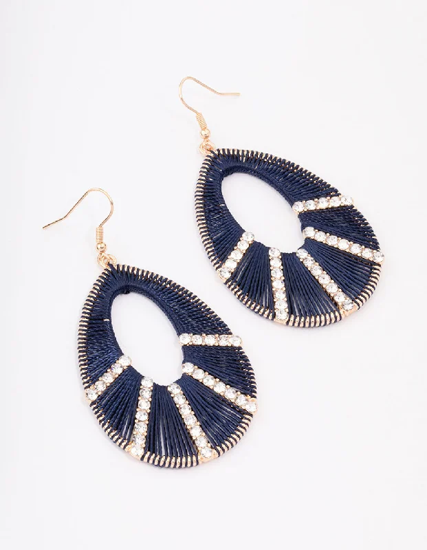 Flower Earrings-Gold Woven Diamante Navy Drop Earrings