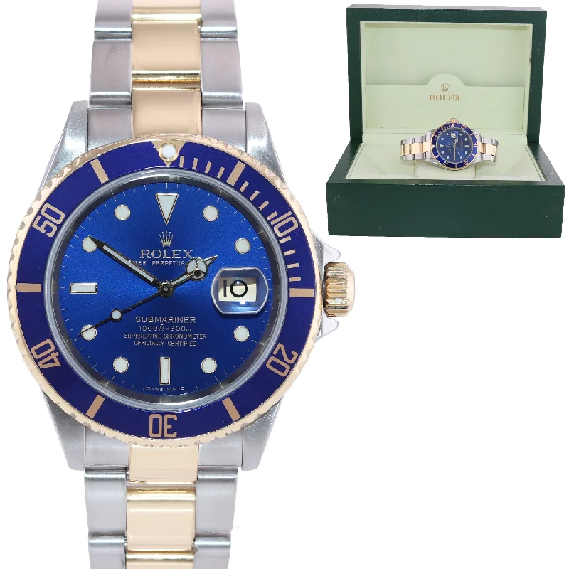 Fashion Men’s Sports Watch-2007 No Holes Rolex Submariner 16613 Gold Steel Two Tone Gold Buckle Blue Watch