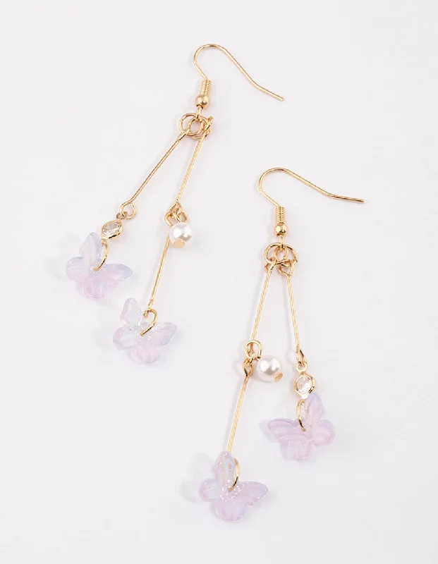 Simple Silver Drop Earrings-Lilac Double Stack Butterfly Drop Earrings