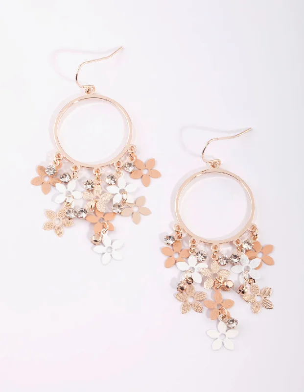 Unique Dangle Hoop Earrings-Rose Gold Cascading Flower Drop Earrings