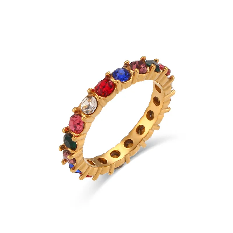 Micro Inlaid Zircon Thin Ring-Colorful Crystals Dark-No. 8