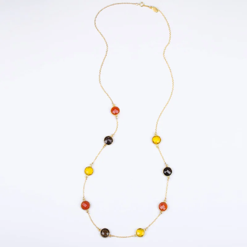 Luxury Crystal Necklace-Long Citrine, Carnelian, Smoky Quartz bezel station necklace