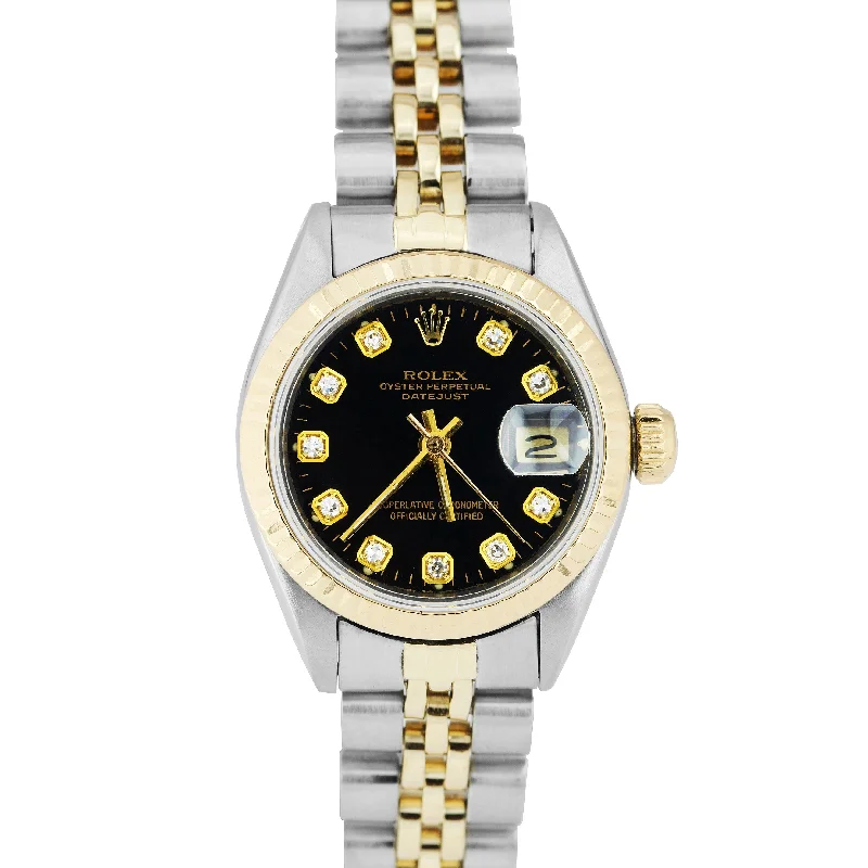 Men's Watch with Time Zone Function-Ladies Rolex 26mm 6917 Two-Tone Gold Steel Black Diamond Dial Watch DateJust