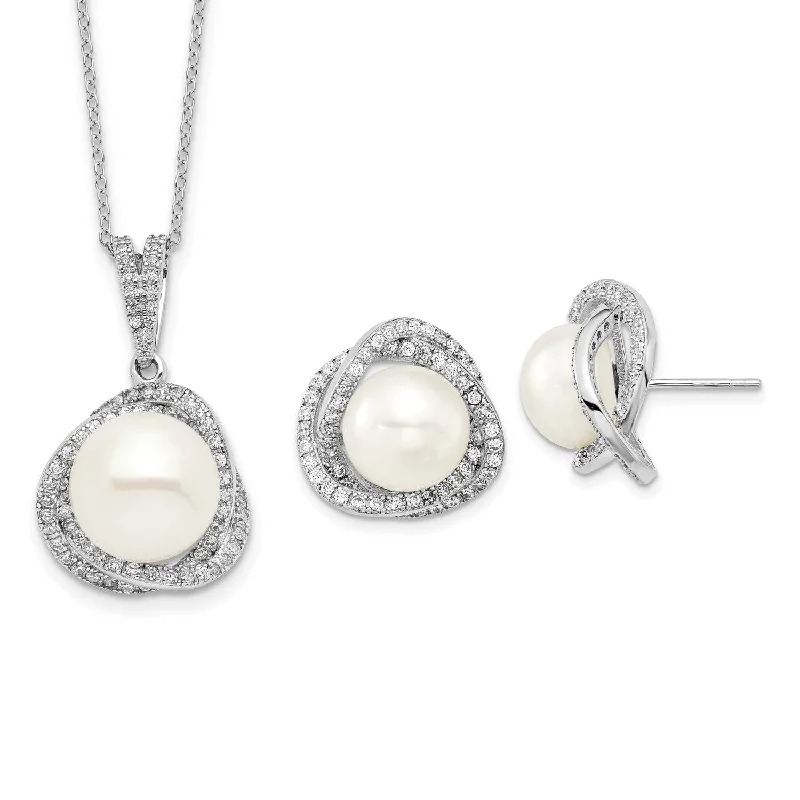 Chunky Necklace for Women-Pearl and Cubic Zirconia Pendant Earrings Set in Sterling Silver