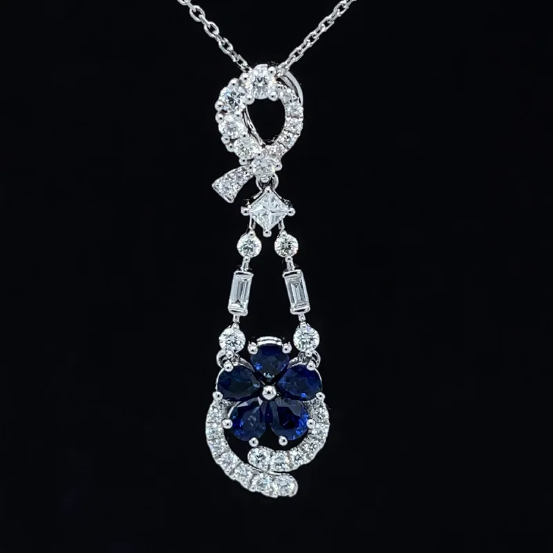 Fashionable Gemstone Bar Necklace-Diamond Cascade Blue Sapphire Ribbon Wreath Necklace in 18k White Gold - (#175 - PDSAP046246)