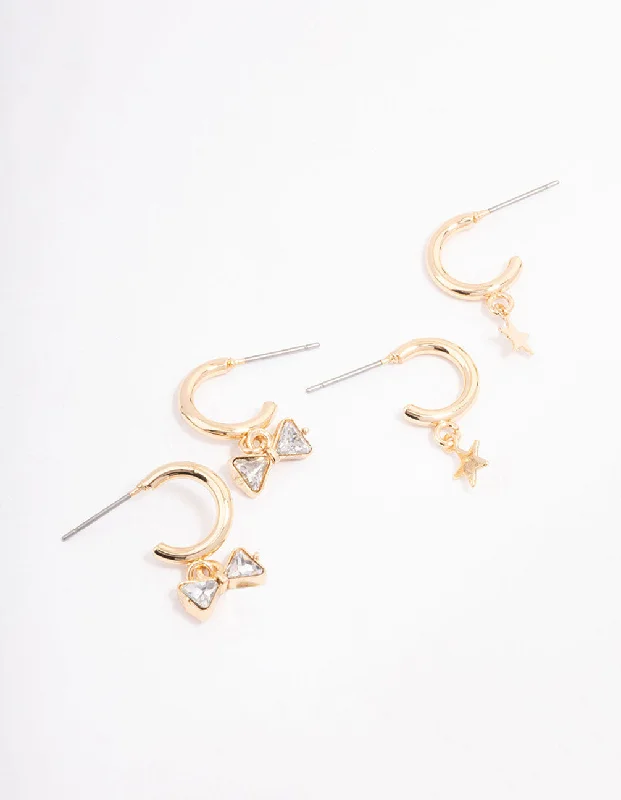 Crystal Drop Earrings-Gold Diamante Bow & Star Hoop Earring Pack