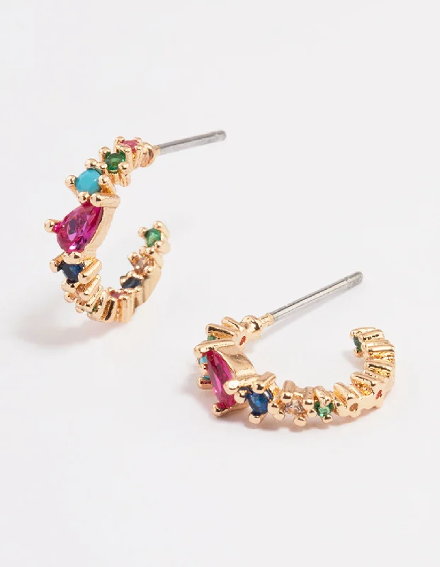 Textured Gold Earrings-Gold Multi Rainbow Stone Hoop Earrings