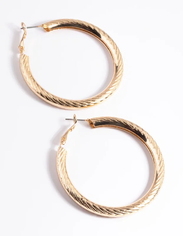 Crystal Stud Earrings-Gold Line Textured Hoop Earrings