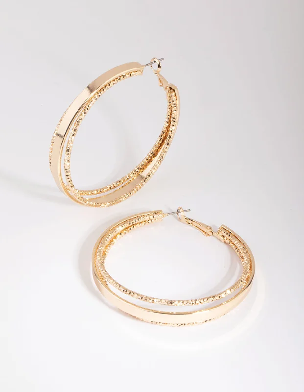 Pear Shaped Earrings-Gold Textured Hoop Earrings