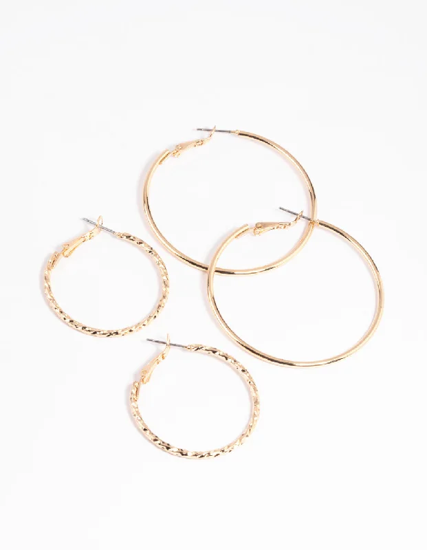 Long Tassel Earrings-Gold Textured Hoop Earring Set