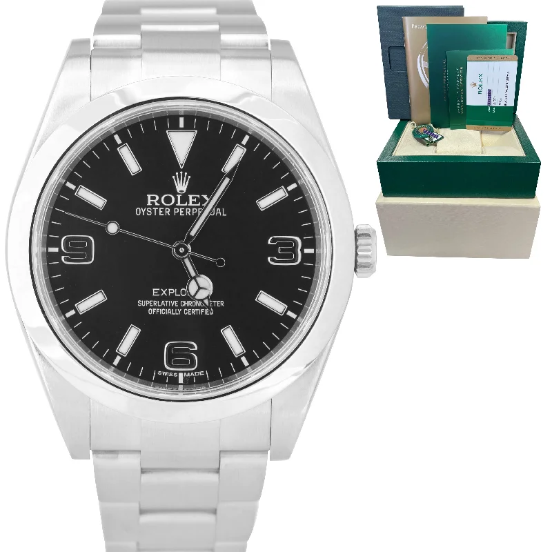 Women's Luxury Watch with Gold Band-2016 Rolex Explorer I Black 39mm Stainless Steel Swiss Oyster Watch 214270 B+P