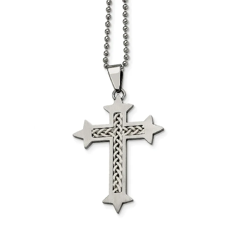 Classic Chain Necklace-Stainless Steel Silver Inlay Cross Pendant 24in Necklace