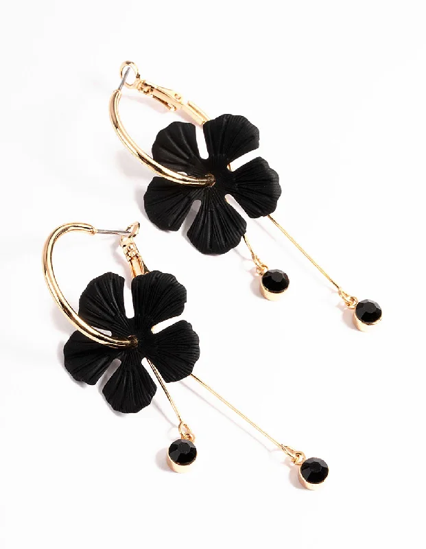 Fashion Pearl Earrings-Black Flower Diamante Hoop Earrings