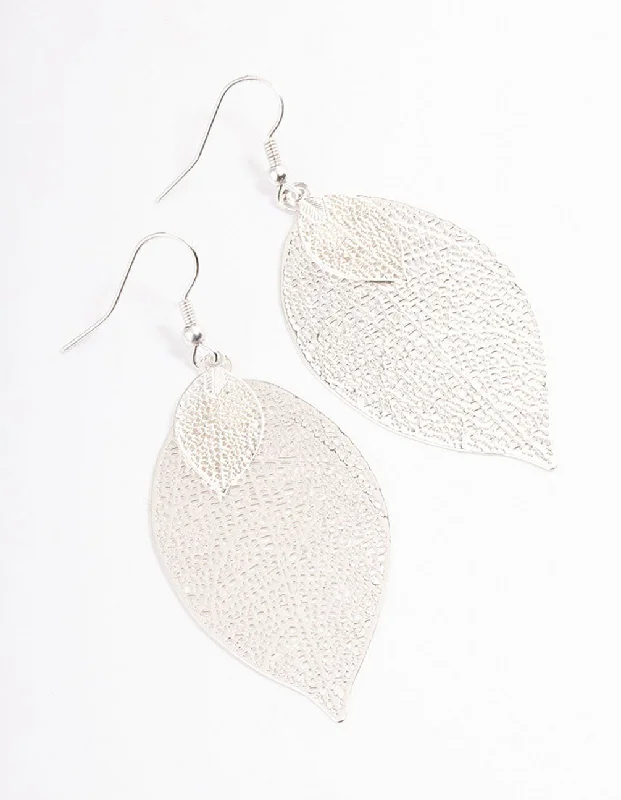 Party Drop Earrings-Silver Double Leaf Drop Earrings